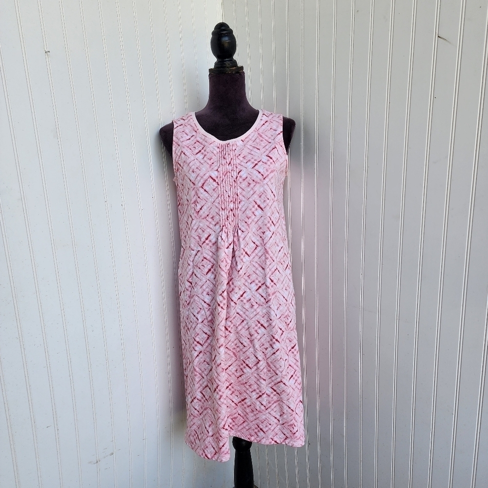Lands' End Women's Stretch Sleep Dress Pink White Geo Print Scoop Neck Sz S